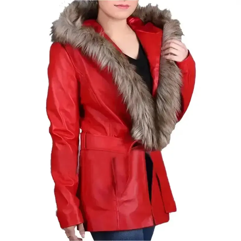 Women's Goldie Hawn Christmas Coat – Faux Fur Hood & Festive Style