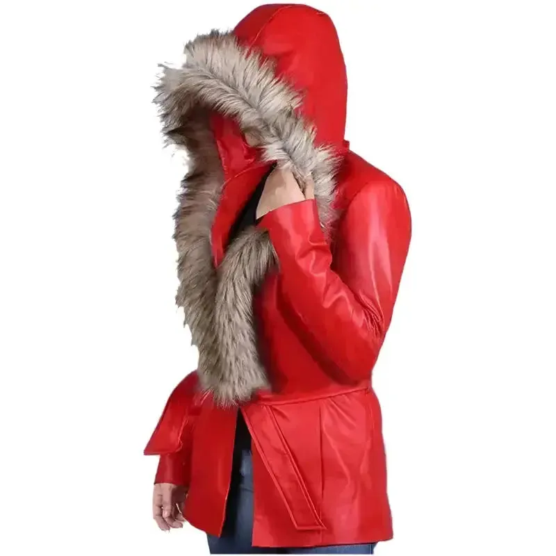 Women's Goldie Hawn Christmas Coat – Faux Fur Hood & Festive Style