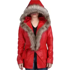 Women's Goldie Hawn Christmas Coat – Faux Fur Hood & Festive Style