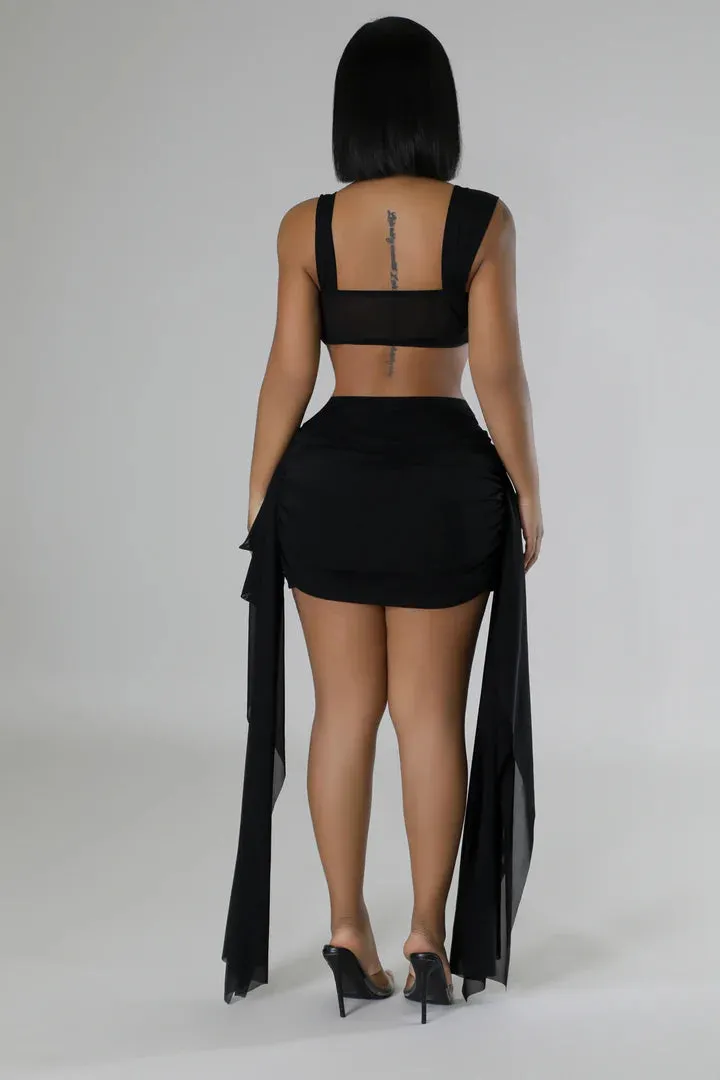 Women's Stunning Crop Top Sheer Draped Heart Breaker Black Mini Skirt Set