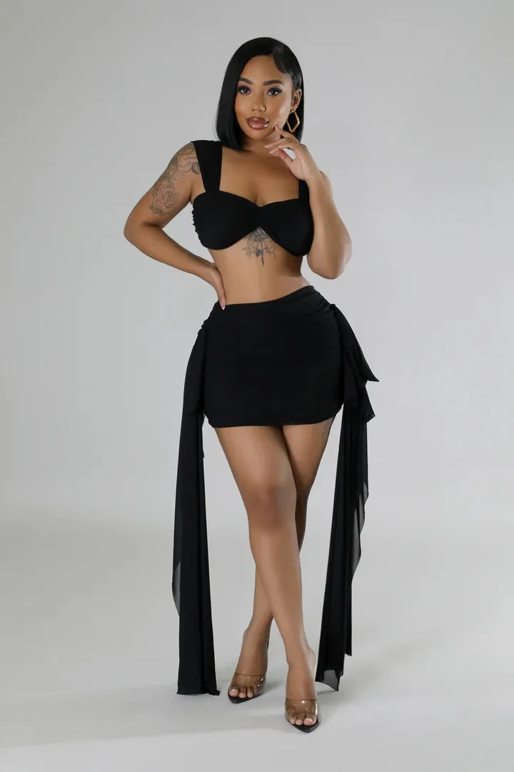 Women's Stunning Crop Top Sheer Draped Heart Breaker Black Mini Skirt Set