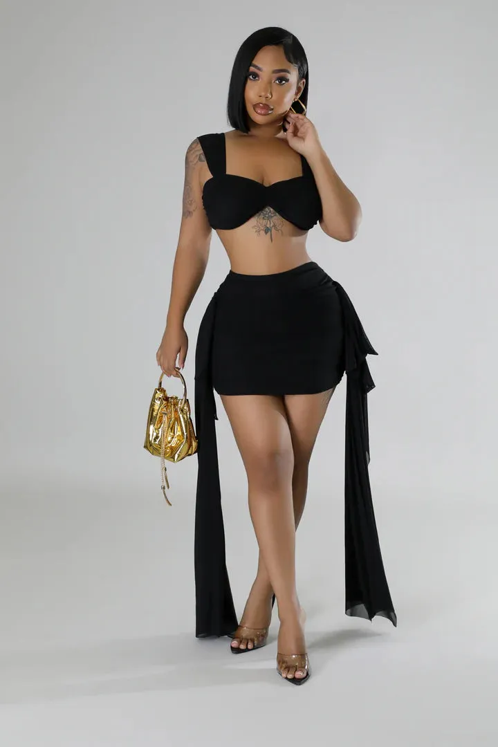 Women's Stunning Crop Top Sheer Draped Heart Breaker Black Mini Skirt Set
