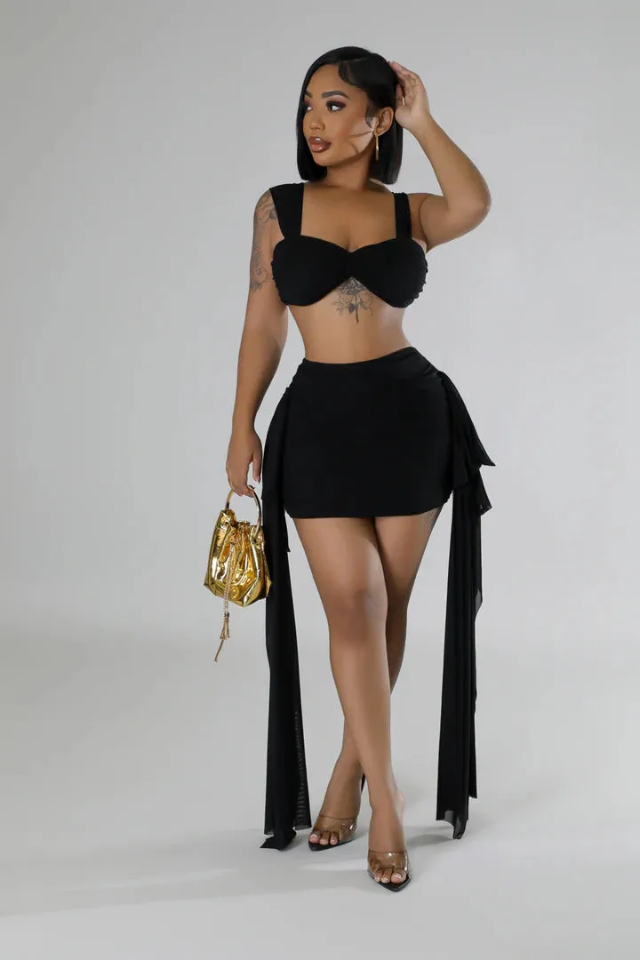 Women's Stunning Crop Top Sheer Draped Heart Breaker Black Mini Skirt Set