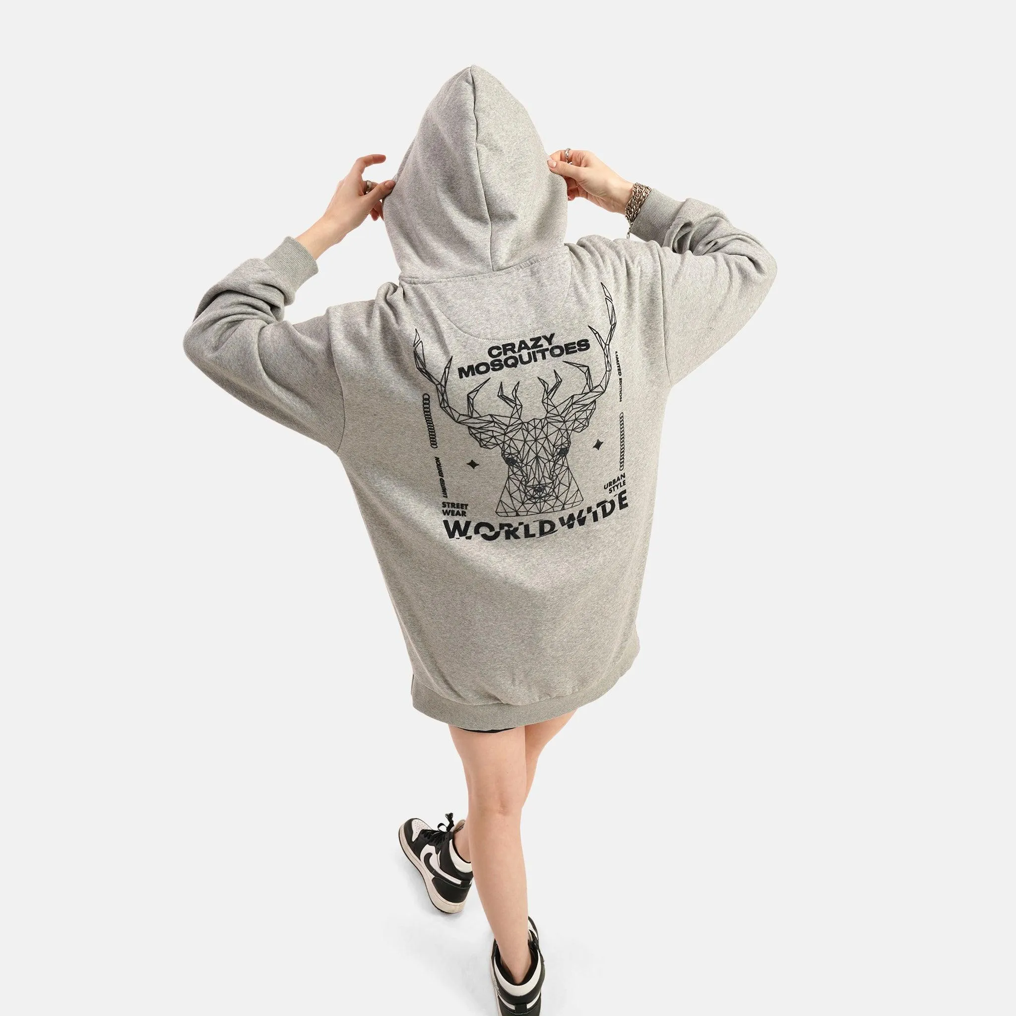 Worldwide Long Fleece Hoodie in Grey Melange
