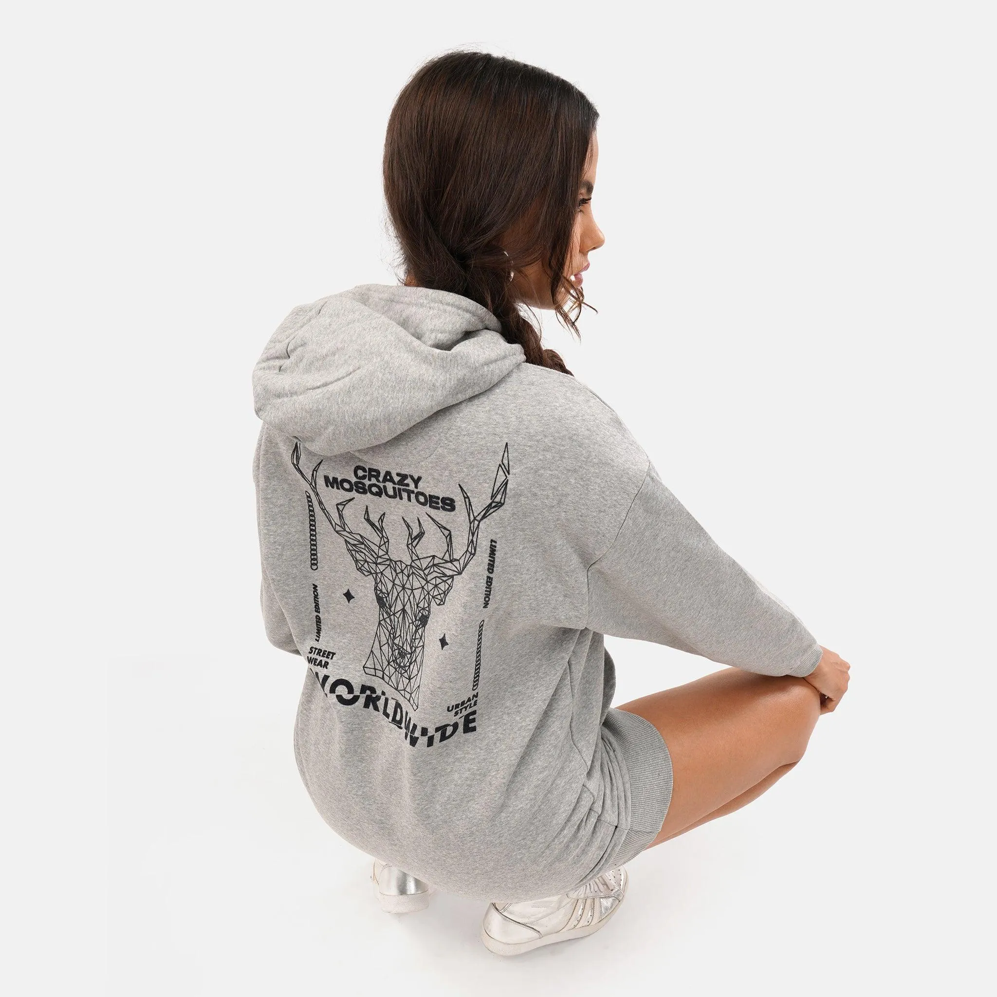 Worldwide Long Fleece Hoodie in Grey Melange