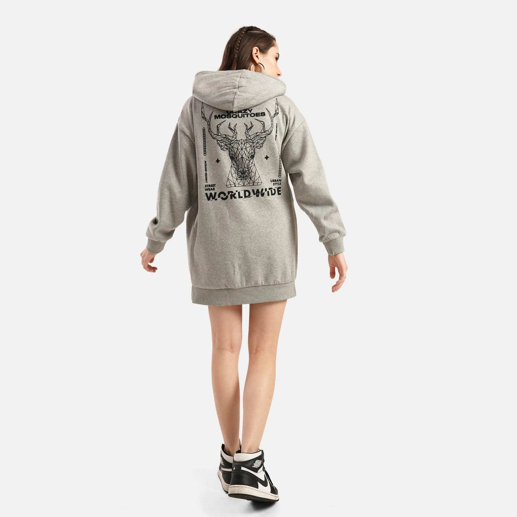 Worldwide Long Fleece Hoodie in Grey Melange
