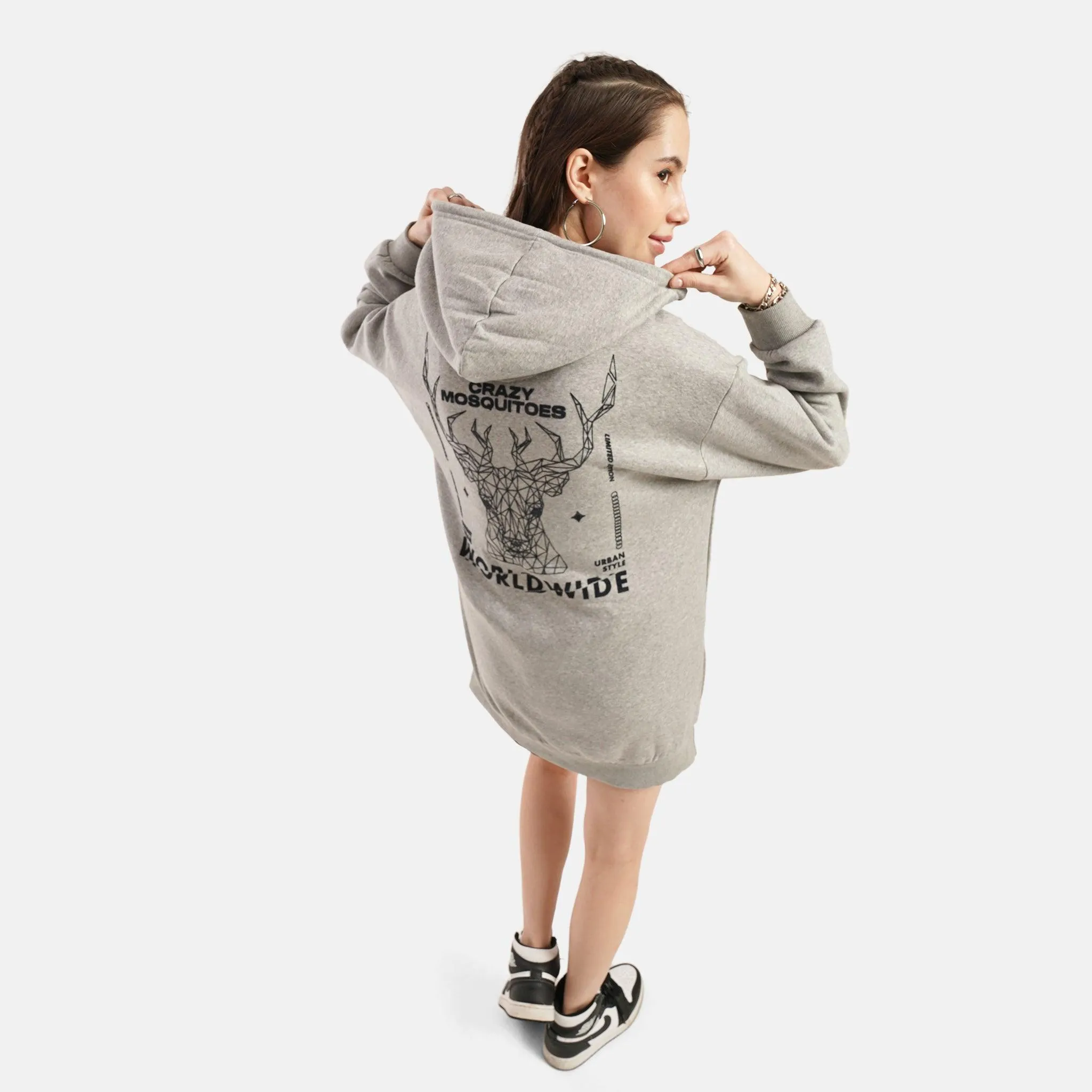 Worldwide Long Fleece Hoodie in Grey Melange