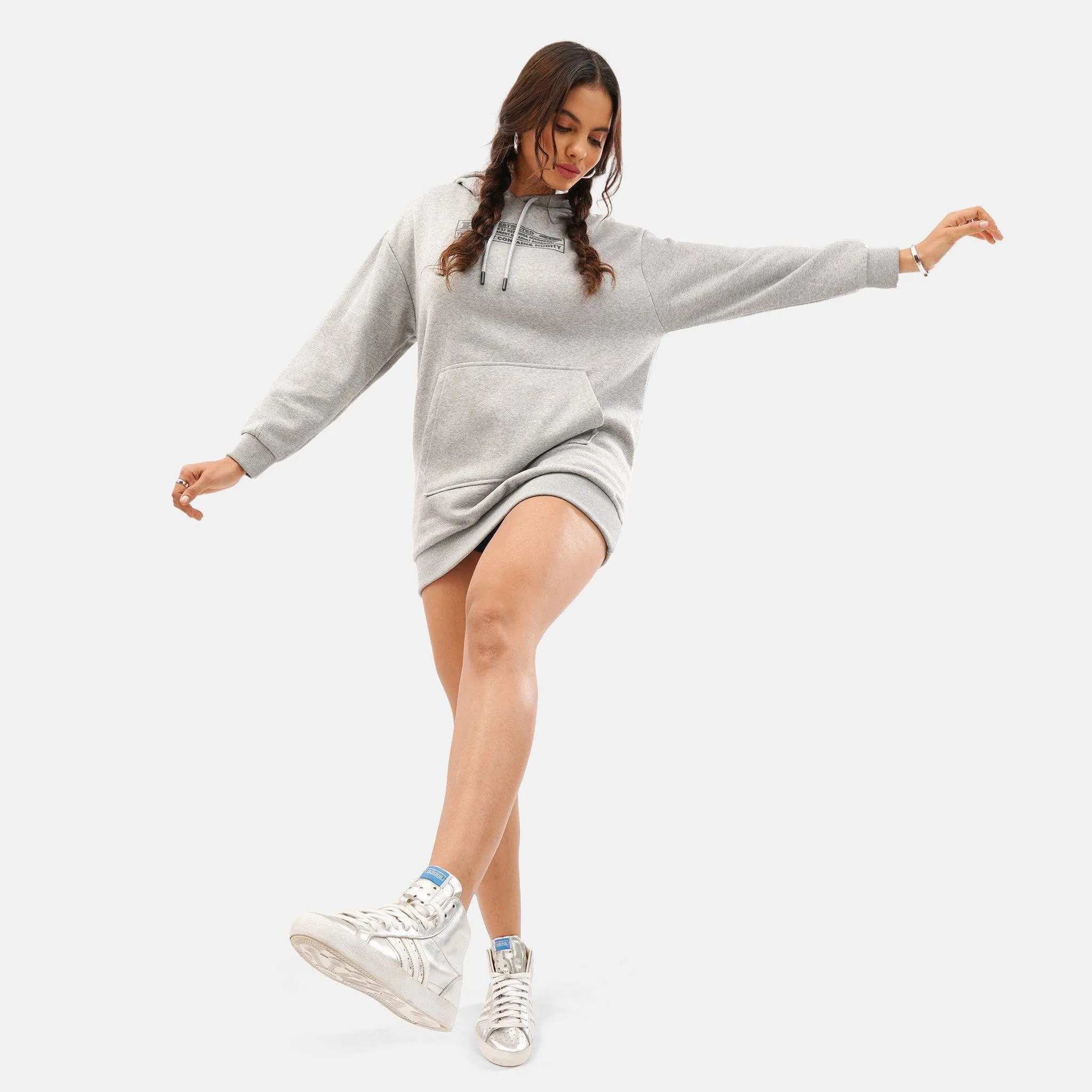 Worldwide Long Fleece Hoodie in Grey Melange