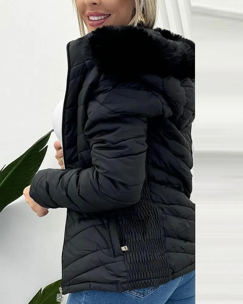 Zipper Pocket Design Shirred Fuzzy Trim Lined Hooded Puffer Jacket